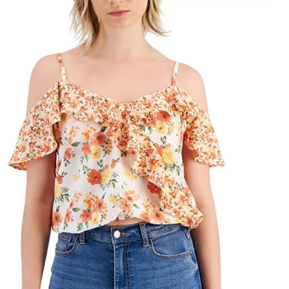 Women's Crave Fame Juniors' Printed Cold-Shoulder Top Size S
